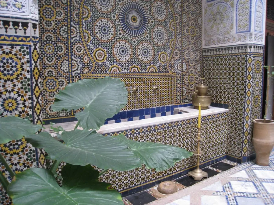 Zellige fountain in a riad courtyard in Fes