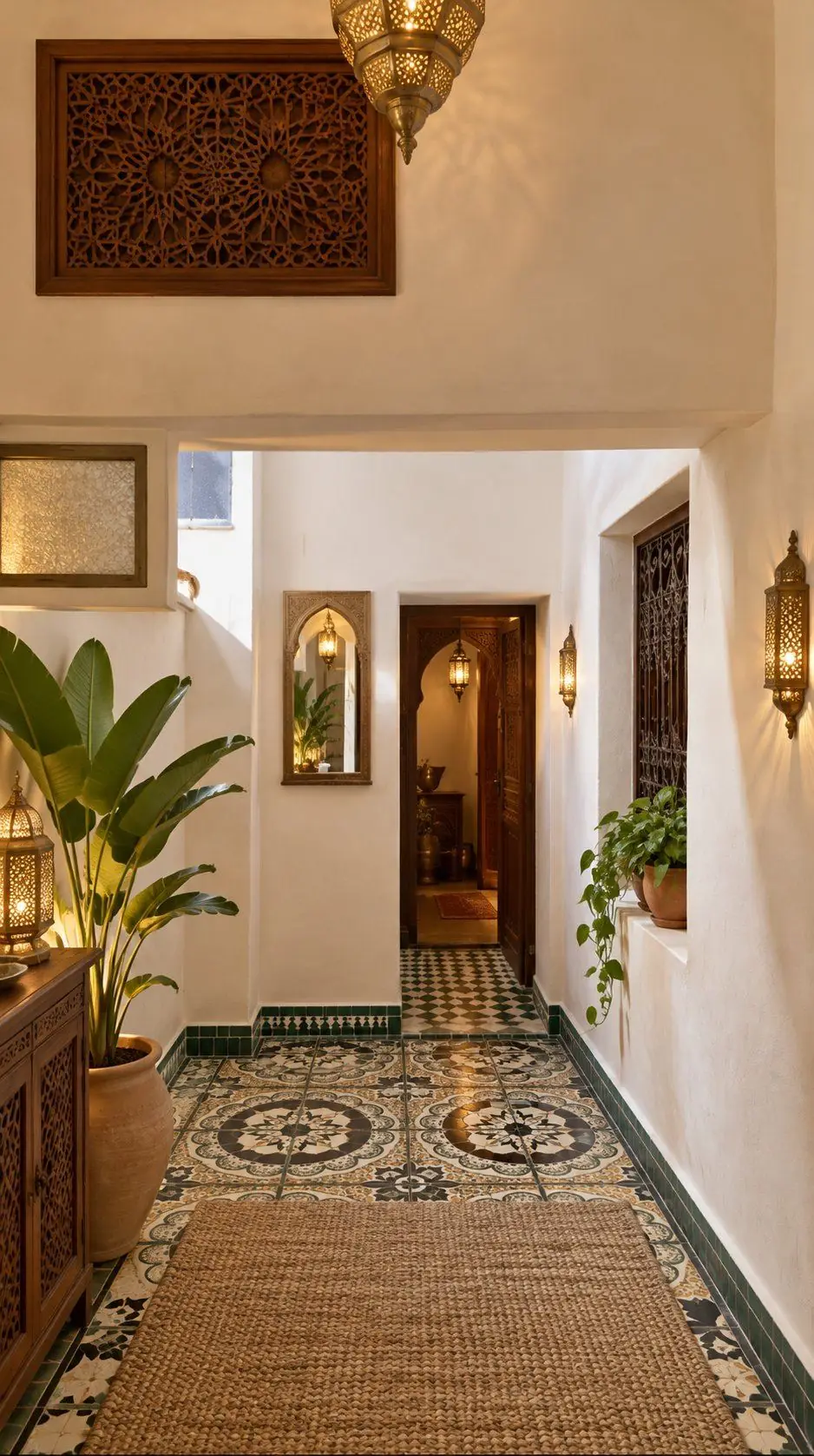 Entrance hall of Studio Sakina with zellige floor, lanterns and carved wooden screens