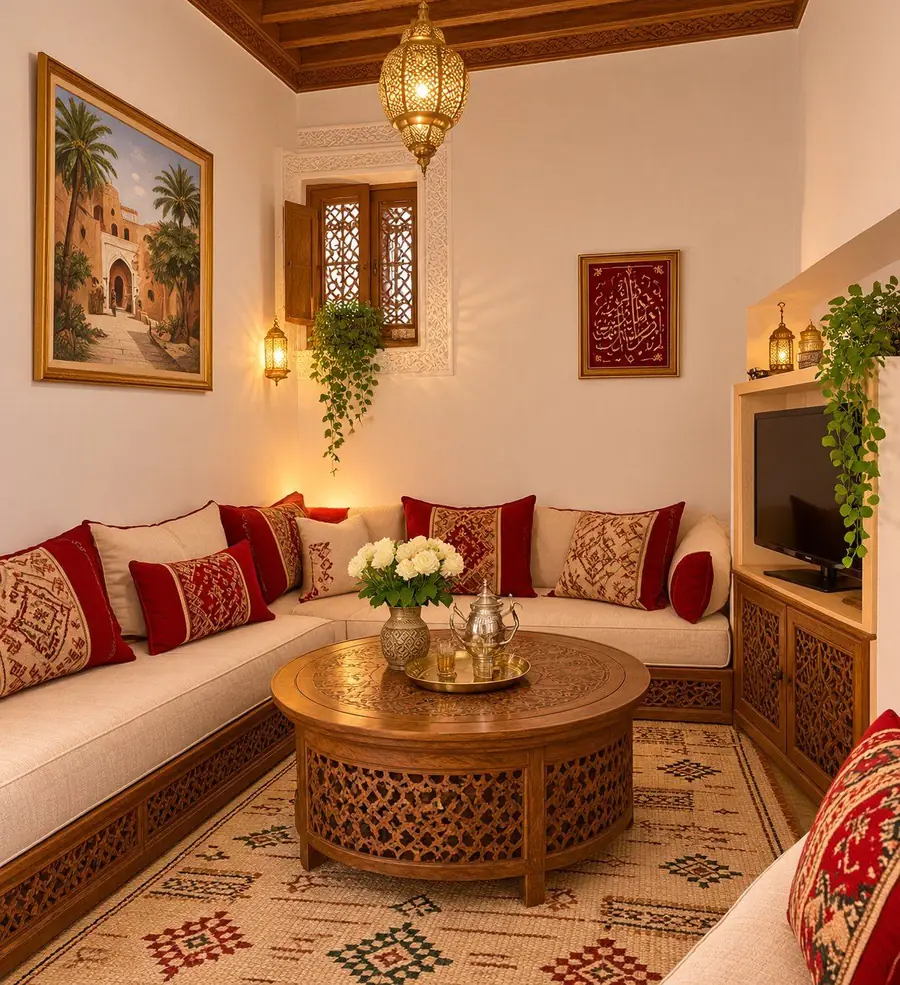 Studio Sakina living room with Moroccan corner sofa, carved round table and lantern